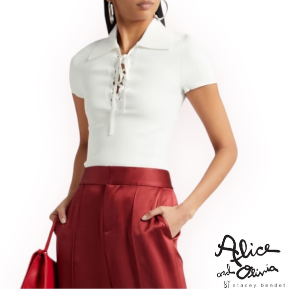 COPY - Alice + Olivia *NWT* Janine Lace Up Polo Top in Soft White - Picture 5 of 8